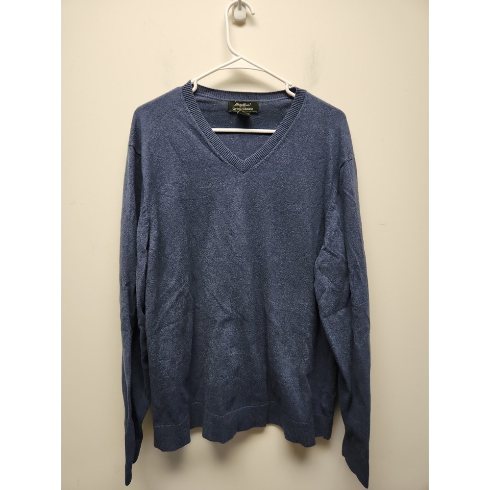 Eddie Bauer Sweater Mens Large Blue Cotton Cashmere V-Neck Knit Pullover